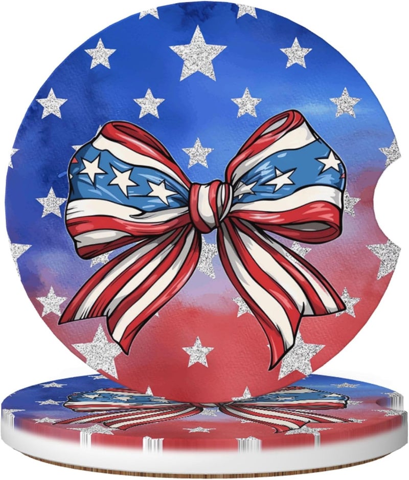 CTVSLFU Absorbent Car Coasters for Cup Holders, 2 Pack Universal Anti Slip Ceramic Cup Coaster for Women Men 2.56 Inch Car Interior Accessories - Bow Tie Stars and Stripes 019 - Image 1